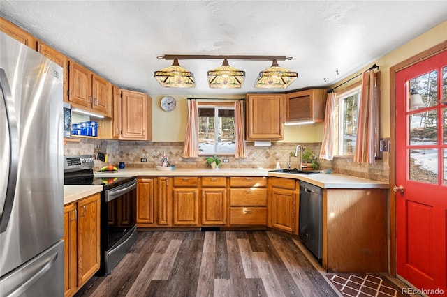 9061 N Rex Ln, Conifer, CO 80433 - kitchen featuring appliances with stainless steel finishes, a sink, dark wood finished floors, light countertops, and healthy amount of natural light