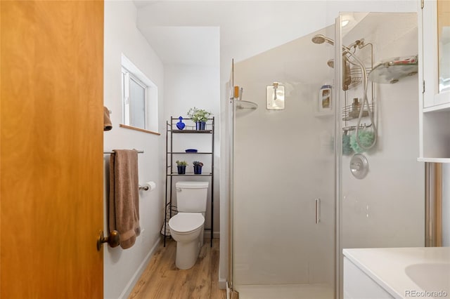 9061 N Rex Ln, Conifer, CO 80433 - full bath featuring wood finished floors, a shower stall, toilet, and vanity