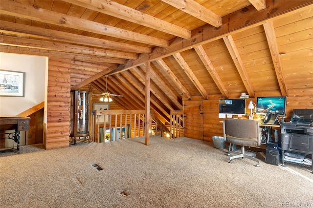9061 N Rex Ln, Conifer, CO 80433 - unfurnished office with wooden ceiling, carpet floors, and ceiling fan