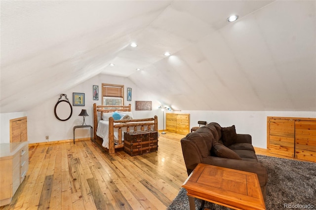 9061 N Rex Ln, Conifer, CO 80433 - bedroom with light wood-style flooring, lofted ceiling, baseboards, and recessed lighting