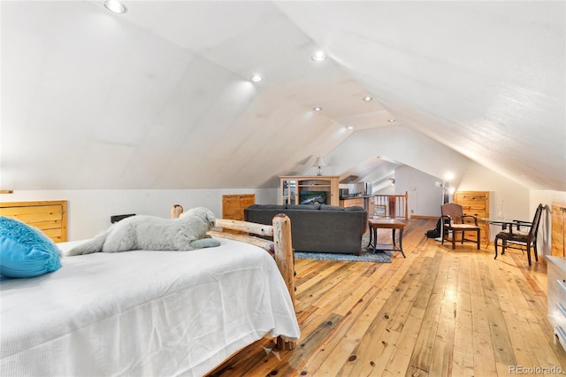9061 N Rex Ln, Conifer, CO 80433 - bedroom featuring lofted ceiling, light wood finished floors, and recessed lighting