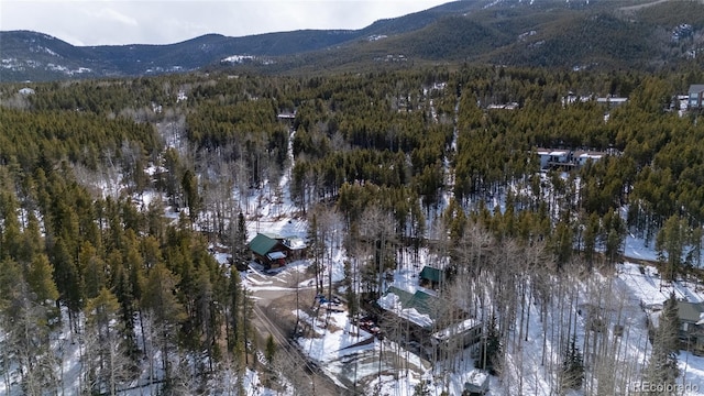 9061 N Rex Ln, Conifer, CO 80433 - snowy aerial view with a view of trees and a mountain view