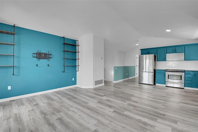 3470 W Walsh Pl, Denver, CO 80219 - unfurnished living room featuring light wood finished floors, vaulted ceiling, and recessed lighting