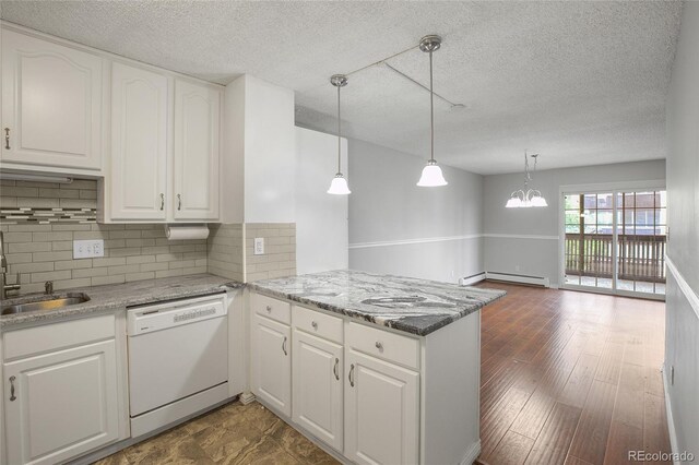 kitchen featuring white cabinets, white dishwasher, kitchen peninsula, decorative backsplash, and dark hardwood / wood-style floors