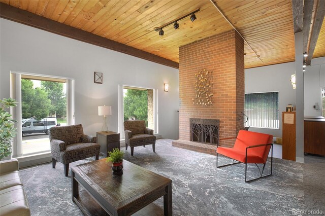 living room with a fireplace, track lighting, wood ceiling, and plenty of natural light