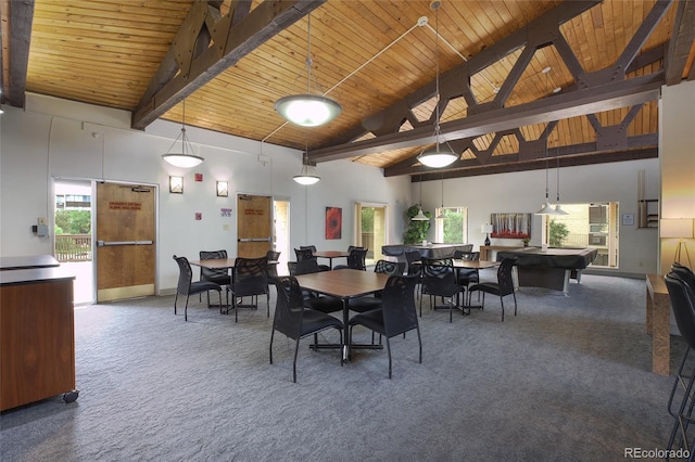 dining room featuring pool table, carpet, and high vaulted ceiling