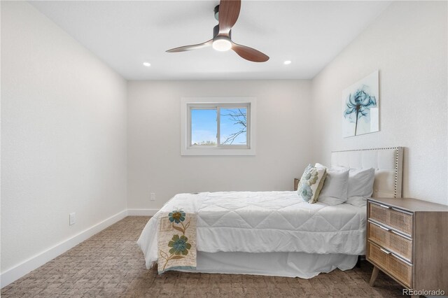 bedroom featuring baseboards, ceiling fan, recessed lighting, and carpet flooring