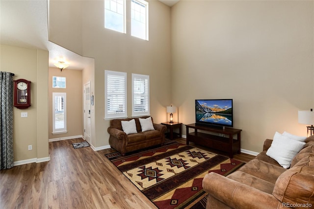 living room featuring hardwood / wood-style floors and a high ceiling