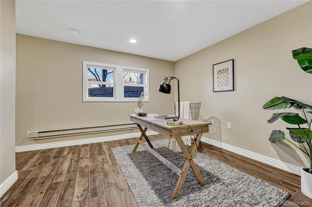 office with hardwood / wood-style flooring and a baseboard radiator