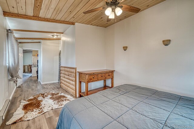 56506 County Road Aa, Moffat, CO 81143 - bedroom featuring wood ceiling, wood finished floors, baseboards, baseboard heating, and a ceiling fan
