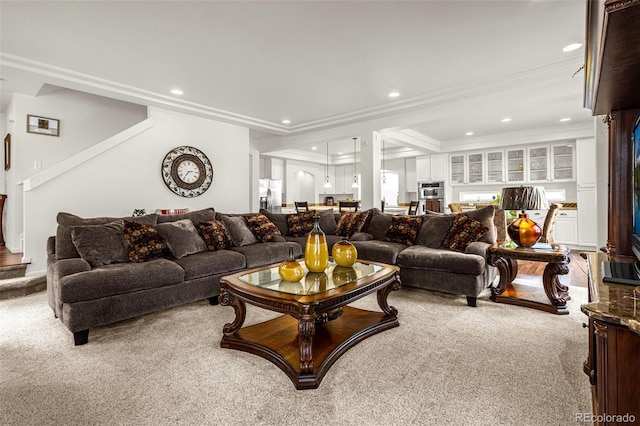 20109 Randolph Pl, Denver, CO 80249 - living room featuring carpet, ornamental molding, stairs, and recessed lighting