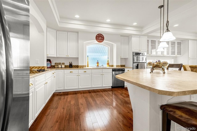 20109 Randolph Pl, Denver, CO 80249 - kitchen featuring stainless steel appliances, a raised ceiling, a breakfast bar, dark wood-type flooring, and recessed lighting