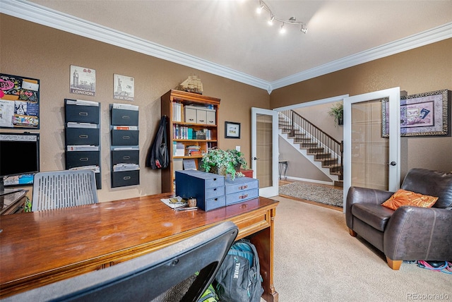 2349 Hickory Pl, Erie, CO 80516 - office space with ornamental molding, french doors, and carpet flooring