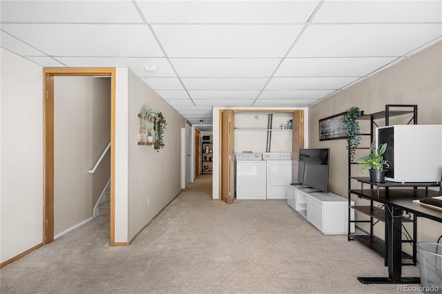 8773 W Cornell Ave Unit 10, Lakewood, CO 80227 - living area with washer and clothes dryer, carpet floors, a drop ceiling, and stairs