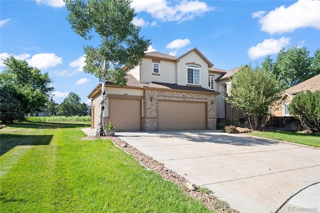 1511 Peninsula Cir, Castle Rock, CO 80104 - traditional-style home with brick siding, a garage, stucco siding, and driveway