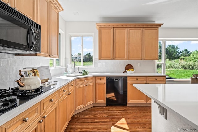 1511 Peninsula Cir, Castle Rock, CO 80104 - kitchen with black appliances, light countertops, dark wood-style floors, and tasteful backsplash