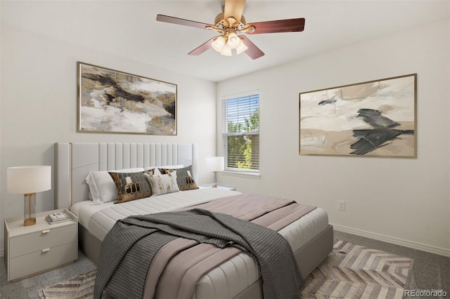 bedroom featuring dark colored carpet and ceiling fan