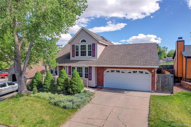 13270 W 65th Ave, Arvada, CO 80004 - view of front of property featuring a garage, driveway, fence, roof with shingles, and brick siding