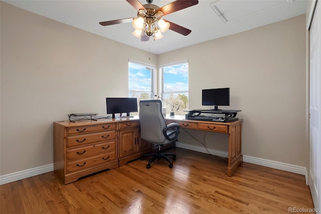 office space featuring ceiling fan, light wood-type flooring, and baseboards