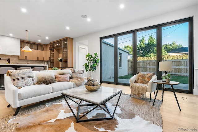 living room featuring sink and light hardwood / wood-style floors