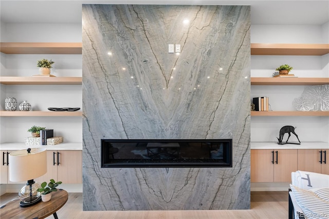 living room featuring light wood-type flooring and a high end fireplace