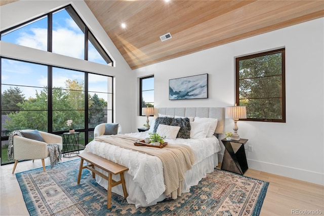 bedroom featuring light hardwood / wood-style flooring, high vaulted ceiling, and wooden ceiling