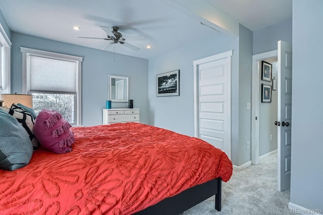 bedroom with recessed lighting, baseboards, a ceiling fan, and light colored carpet