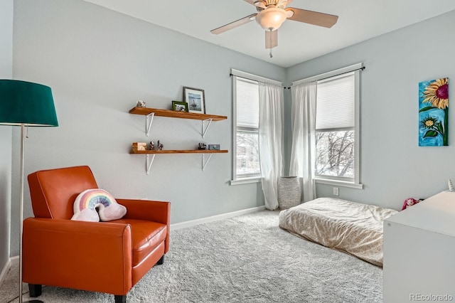 bedroom featuring carpet floors, a ceiling fan, and baseboards