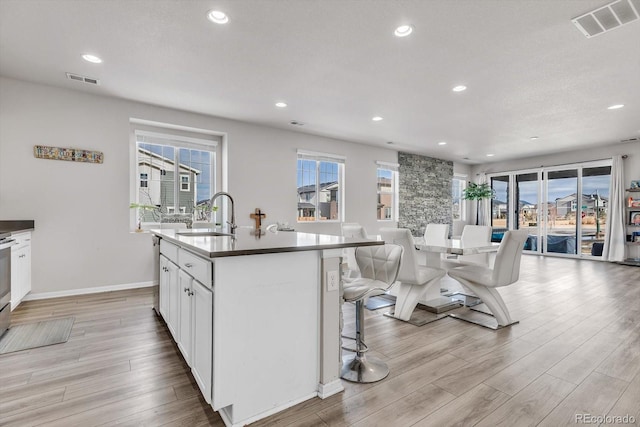 kitchen featuring a kitchen island with sink, a sink, visible vents, white cabinets, and a wealth of natural light