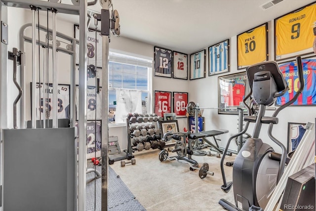 workout area with carpet and visible vents