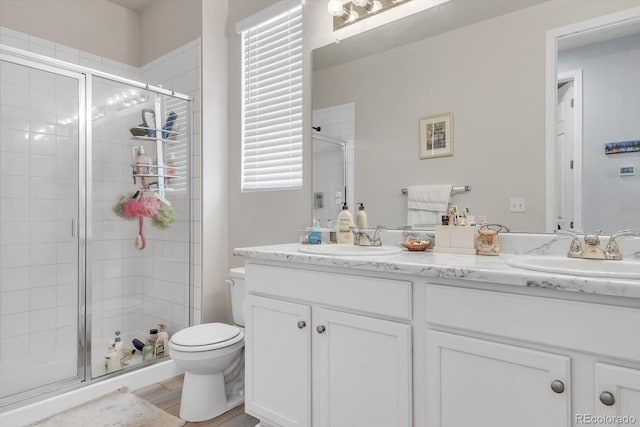 bathroom with double vanity, a stall shower, and a sink