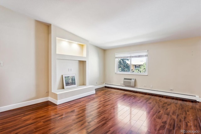 unfurnished living room featuring an AC wall unit, lofted ceiling, baseboard heating, and dark wood-type flooring