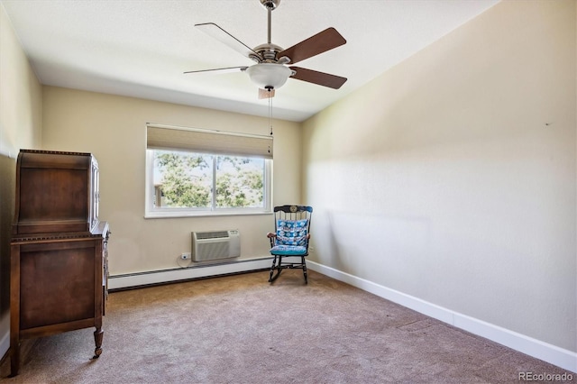 sitting room featuring a baseboard radiator, ceiling fan, and light colored carpet