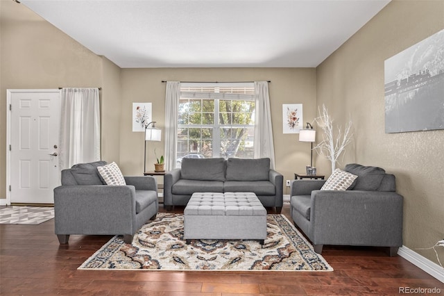 living room with dark hardwood / wood-style flooring