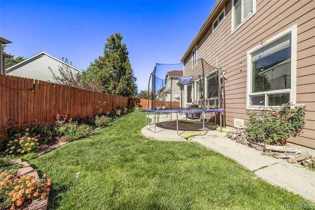 view of yard with a fenced backyard and a trampoline