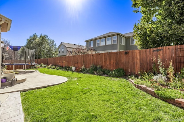 view of yard with a trampoline, a patio area, and a fenced backyard