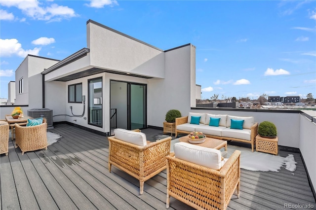 deck featuring outdoor lounge area and central AC unit