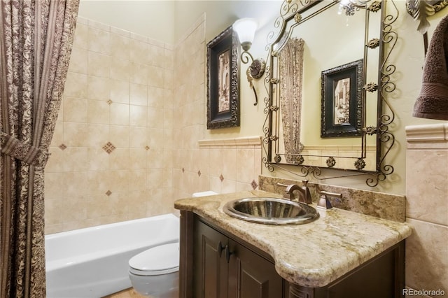 17540 Pond View Pl, Colorado Springs, CO 80908 - bathroom with tile walls, toilet, vanity, and shower / tub combo with curtain