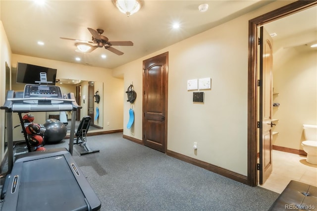 17540 Pond View Pl, Colorado Springs, CO 80908 - workout area featuring a ceiling fan, baseboards, and recessed lighting