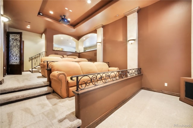 17540 Pond View Pl, Colorado Springs, CO 80908 - home theater featuring carpet flooring, baseboards, recessed lighting, and a raised ceiling