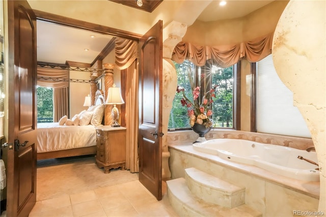 17540 Pond View Pl, Colorado Springs, CO 80908 - ensuite bathroom with ornamental molding, tile patterned floors, and a garden tub