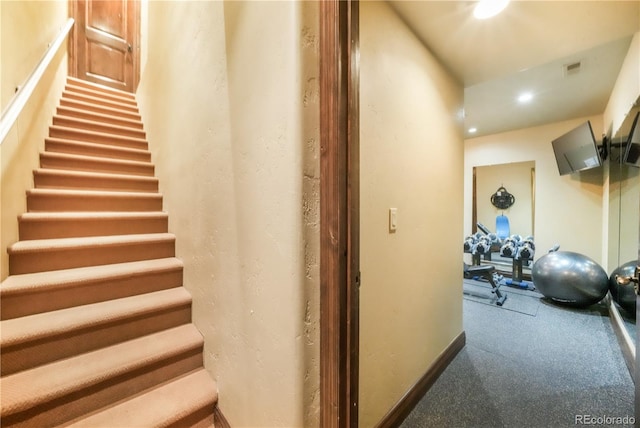 17540 Pond View Pl, Colorado Springs, CO 80908 - stairs with carpet flooring and recessed lighting