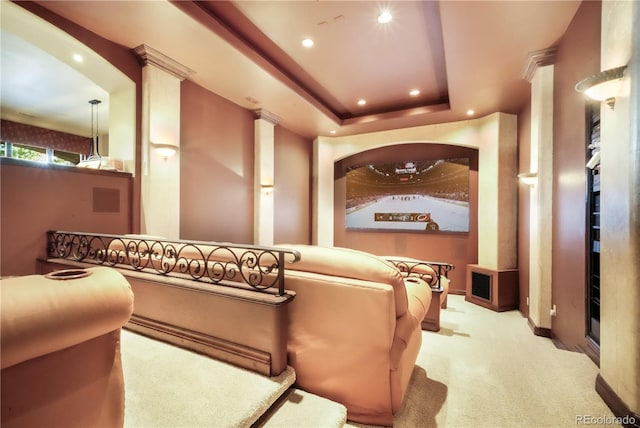17540 Pond View Pl, Colorado Springs, CO 80908 - home theater featuring carpet floors, recessed lighting, and a raised ceiling