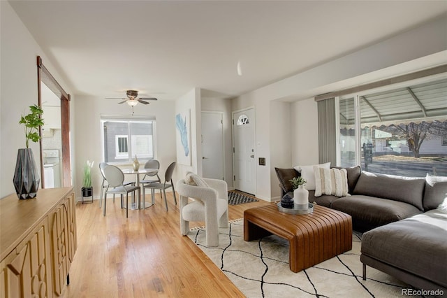 living room featuring light wood-type flooring and ceiling fan