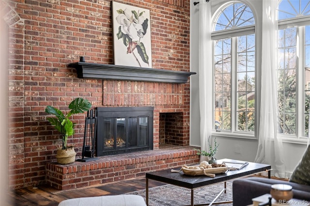 living room featuring a fireplace