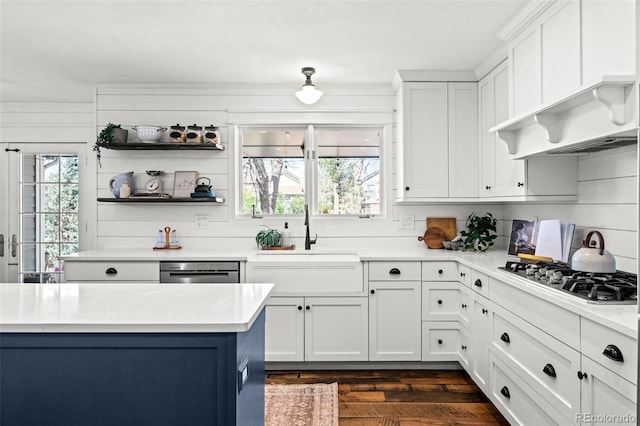 kitchen featuring tasteful backsplash, a sink, stainless steel gas stovetop, light countertops, and white cabinetry