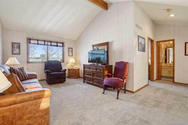 living room with light carpet, beam ceiling, and high vaulted ceiling