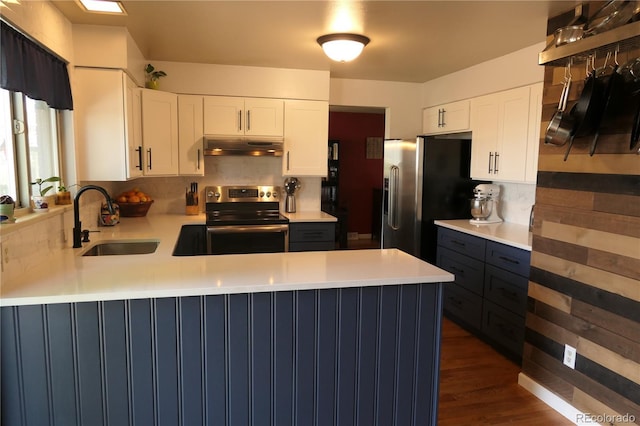 1936 S Poplar St, Denver, CO 80224 - kitchen with stainless steel appliances, under cabinet range hood, a peninsula, and light countertops
