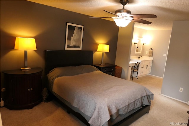 1936 S Poplar St, Denver, CO 80224 - bedroom with light carpet, a textured ceiling, ensuite bath, and ceiling fan