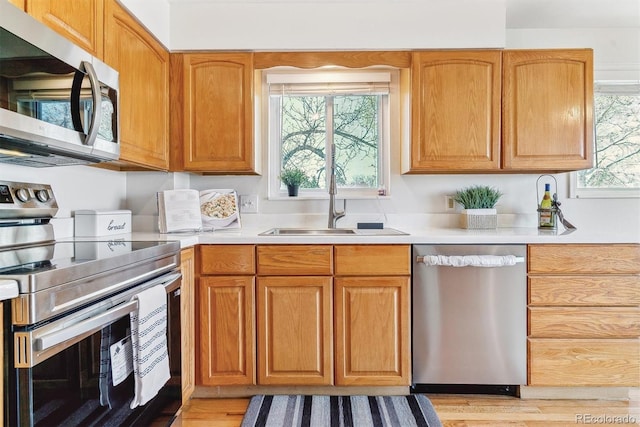 7158 W Roxbury Ave, Littleton, CO 80128 - kitchen with appliances with stainless steel finishes, light wood-style flooring, a sink, and light countertops